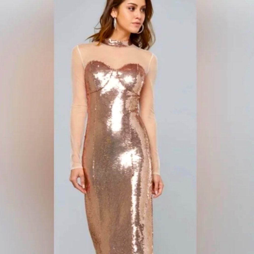 Sequin Gold Dress with Sheer Sleeves